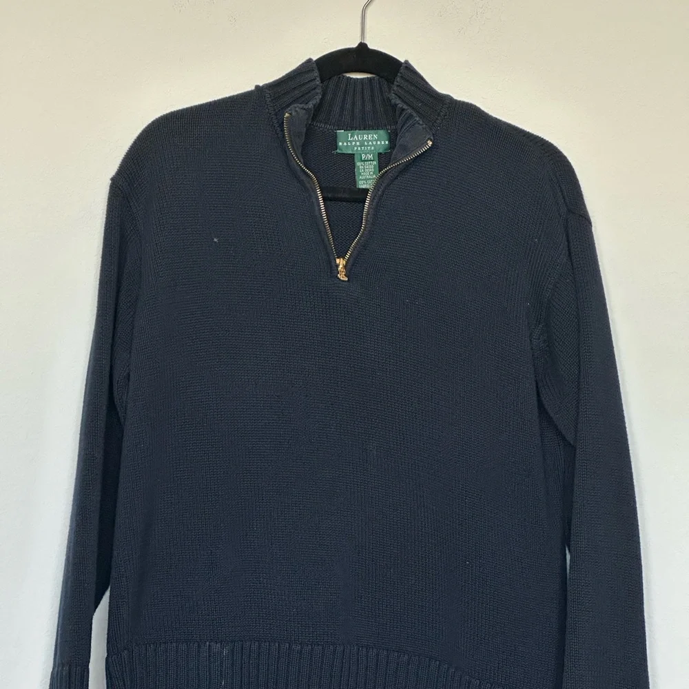 RALPH LAUREN Women‎ Sz Petite M Mock Neck Long Sleeve Quarter Zip Navy Sweater